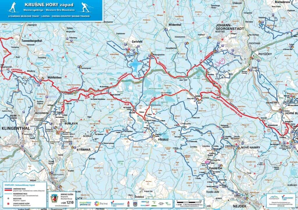 Mapa lyžařských tras - Krušné hory - západ